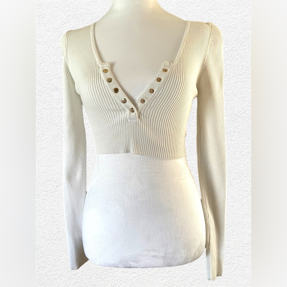 Hera Collection Womens White Ribbed Deep V-Neck Crop Top Long Sleeve Medium